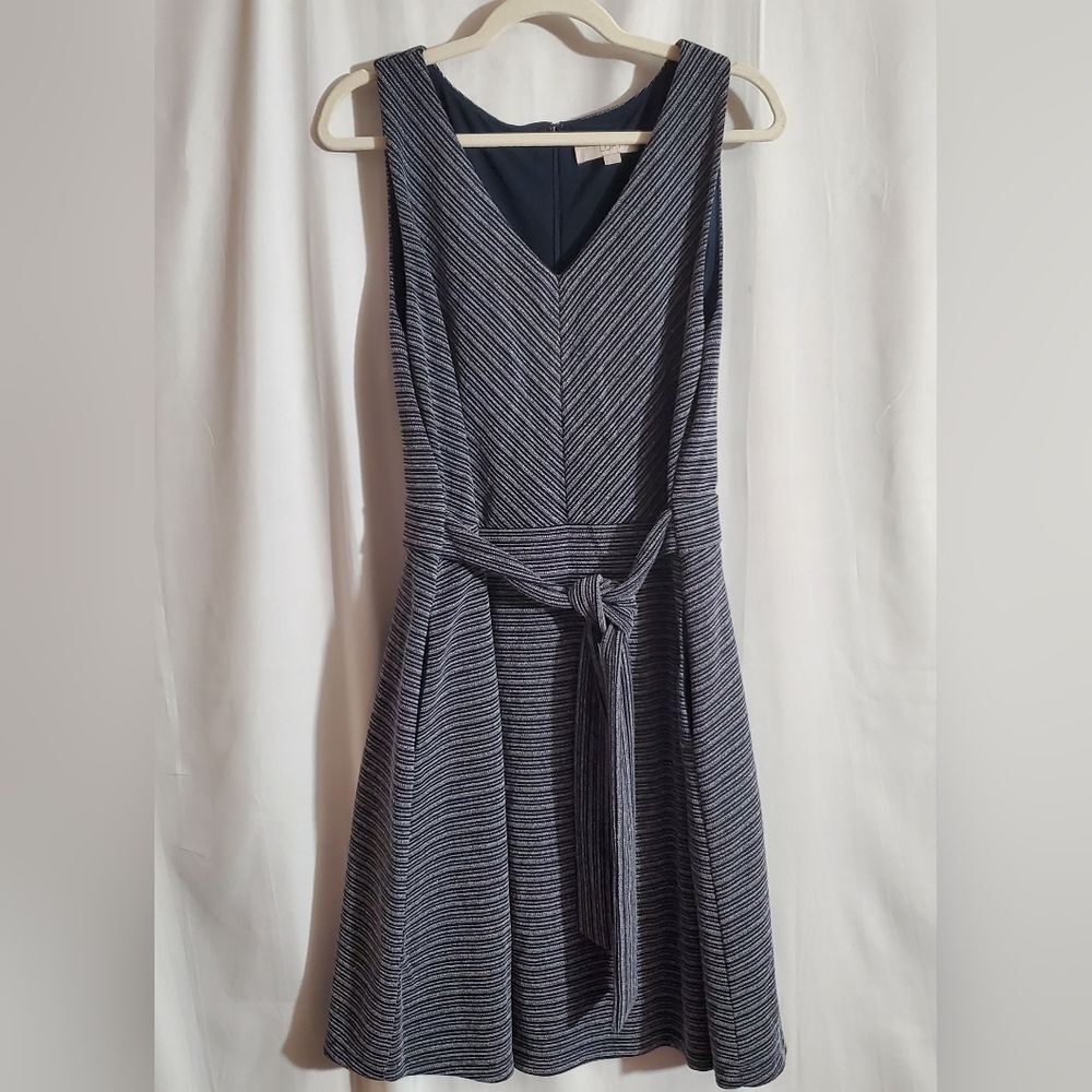 LOFT | Dark Blue Sleeveless Dress with Attached Belt and Pockets | Size 16